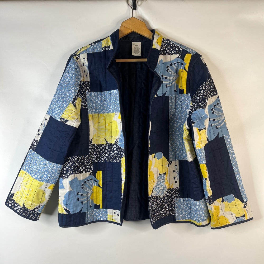 Alfred Dunner Quilted Jacket Women 18P Navy Blue Yellow Patchwork Floral Open - Picture 1 of 7